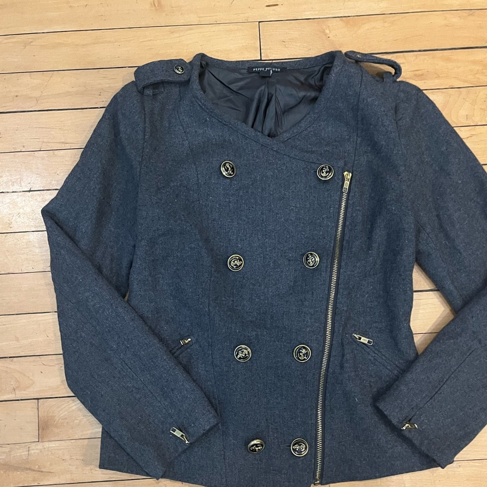 Gray Peppe Paluso military jacket with anchor buttons & gold zippers, small